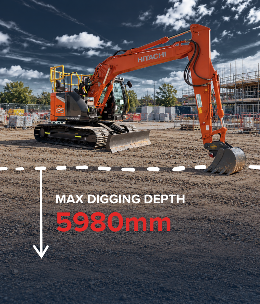 Hitachi ZX135US-7B excavator on a UK construction site showing a maximum digging depth of 5,980 mm