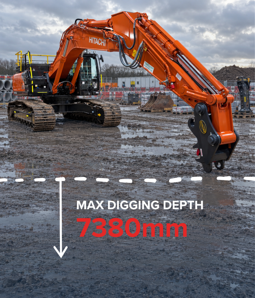 Hitachi ZX350LC-7 excavator on a muddy UK construction site with max digging depth graphic showing 7380mm.