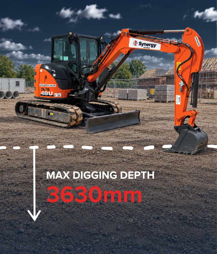 Hitachi ZX48U-6 excavator on a UK construction site showing a maximum digging depth of 3,630 mm.