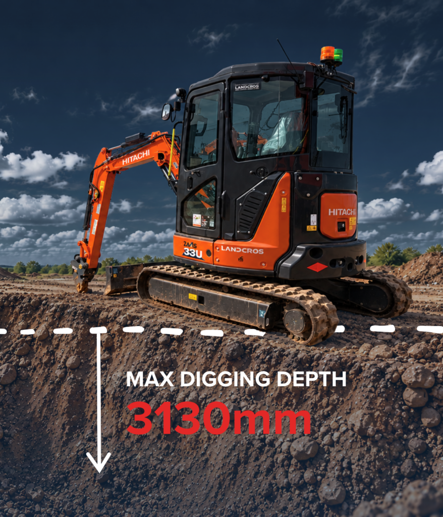 Hitachi ZX33U-6 mini excavator showing a maximum digging depth of 3130mm