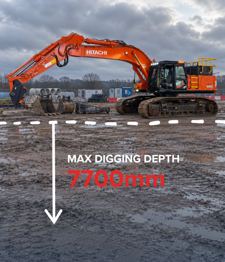 Hitachi ZX490 excavator on a muddy UK construction site with bucket and breaker attachments beside it, showing a maximum digging depth of 7700mm.