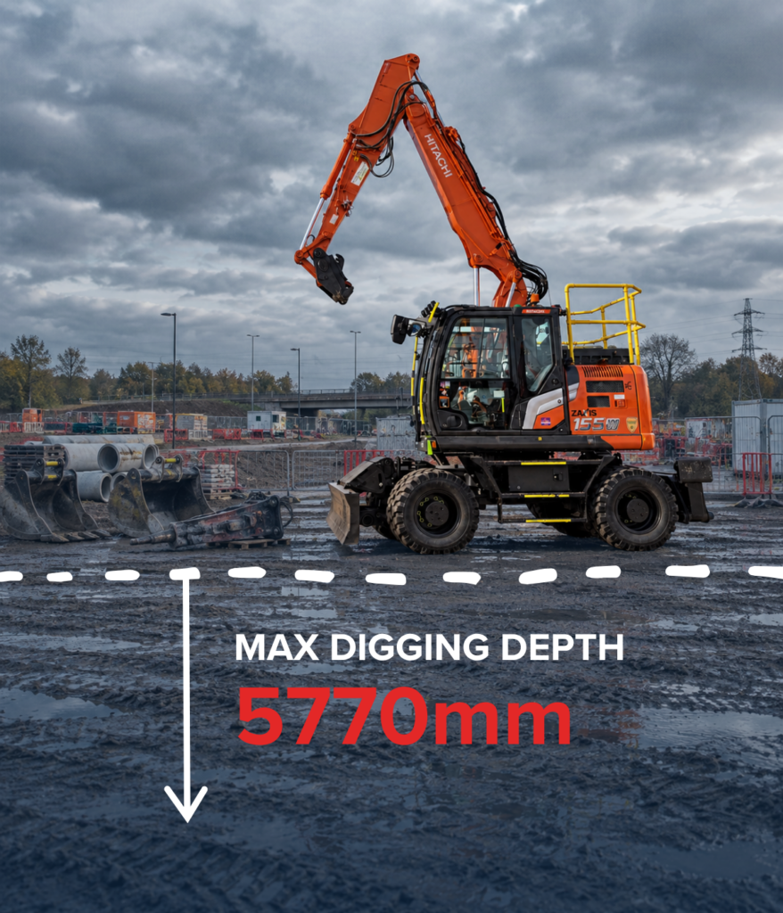 Hitachi ZX155W-7 wheeled excavator on a muddy UK construction site with max digging depth graphic showing 5770mm
