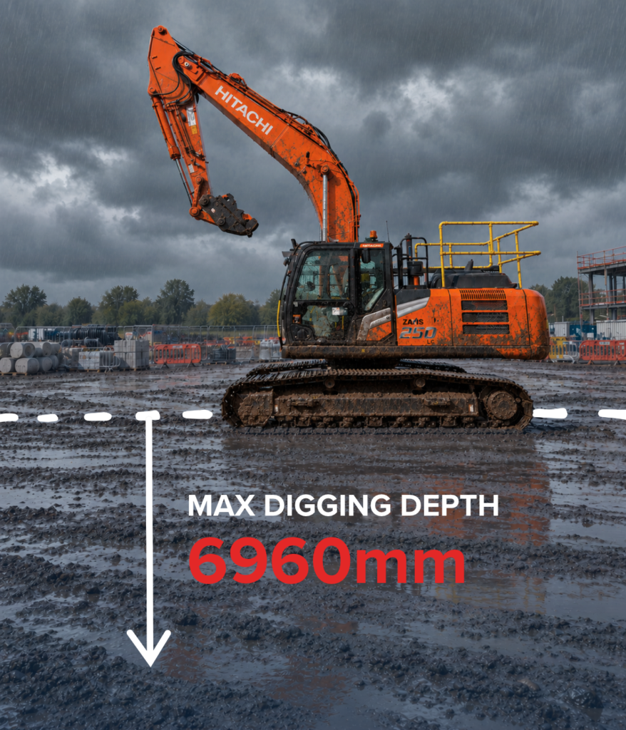 Hitachi ZX250LC-7 excavator on a wet and muddy UK construction site showing a maximum digging depth of 6,960 mm