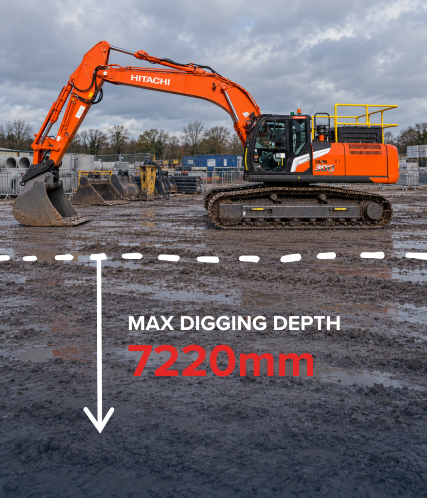 Hitachi ZX300LC-7 tracked excavator parked in a depot yard with yellow safety handrails and clean tracks