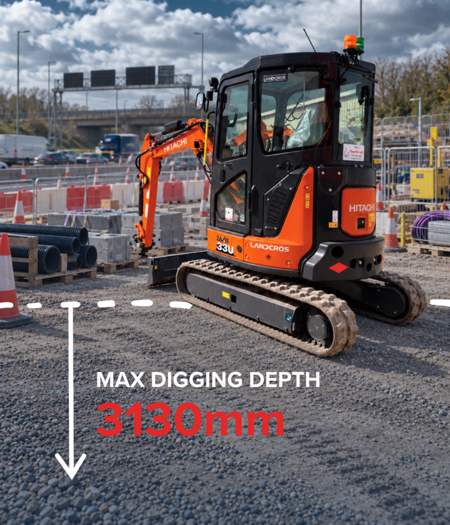Hitachi ZX33U-6 mini excavator on a UK utilities and roadworks site with max digging depth graphic showing 3130mm.