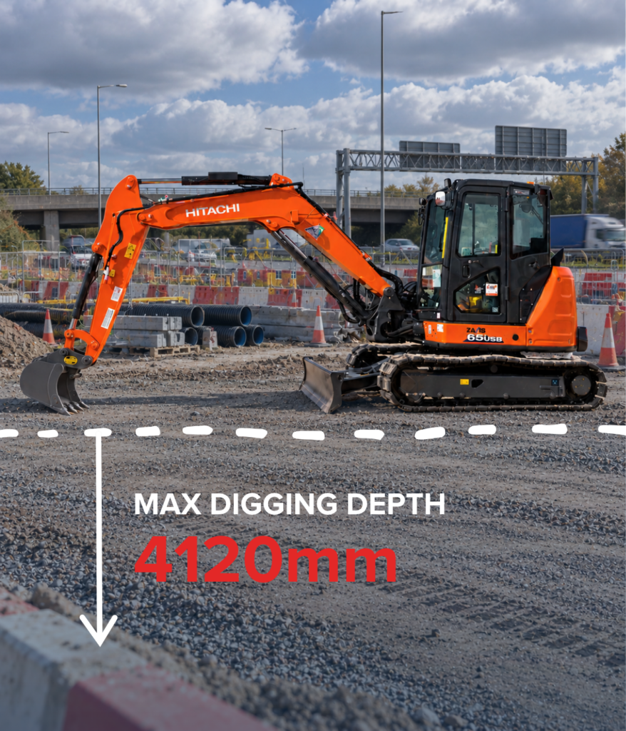 Hitachi ZX65USB-6 mini excavator on a UK highway utilities site with max digging depth graphic showing 4120mm.