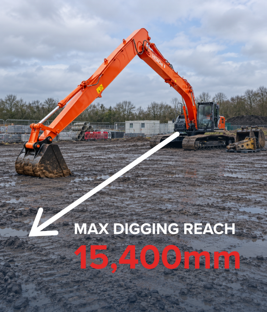 Hitachi ZX210LC-7 SLF long-reach excavator on a muddy construction site with max digging reach shown as 15,400mm.