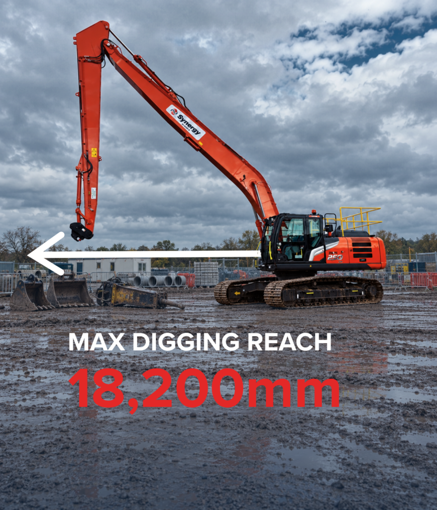 Hitachi ZX250LC-7 SLF long-reach excavator on a wet, muddy UK construction site showing a maximum digging reach of 18,200mm.