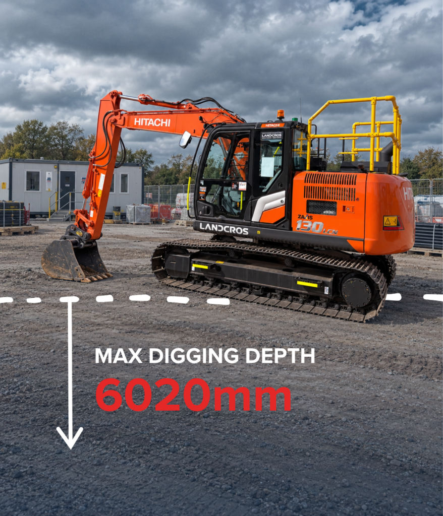 Hitachi ZX130LCN-7B excavator on a UK construction site showing a maximum digging depth of 6,020 mm