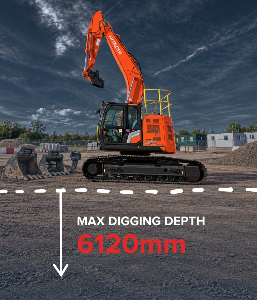 Hitachi ZX225USLC-7 excavator on a UK construction site showing a maximum digging depth of 6,120 mm.