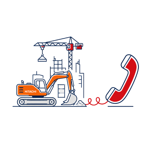 Construction site illustration featuring a Hitachi excavator connected to a telephone handset, representing specialist support and direct customer assistance from Synergy Hire.
