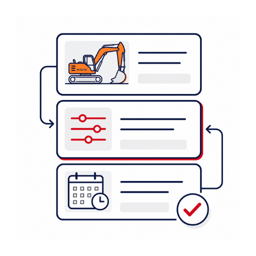 Minimal construction contract workflow illustration showing a Hitachi excavator, flexible hire settings and scheduled delivery, representing tailored contract hire solutions from Synergy Hire.