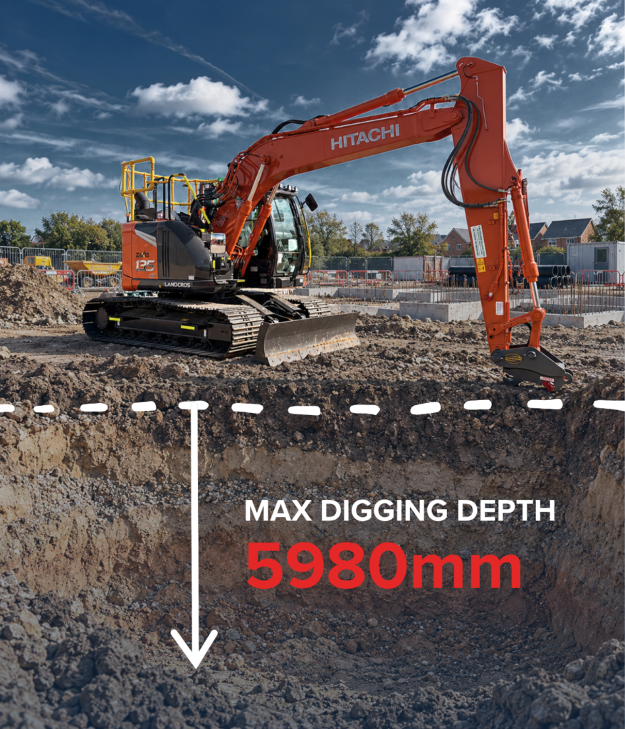 Hitachi ZX135US-7B excavator on a UK construction site showing a maximum digging depth of 5,980 mm.