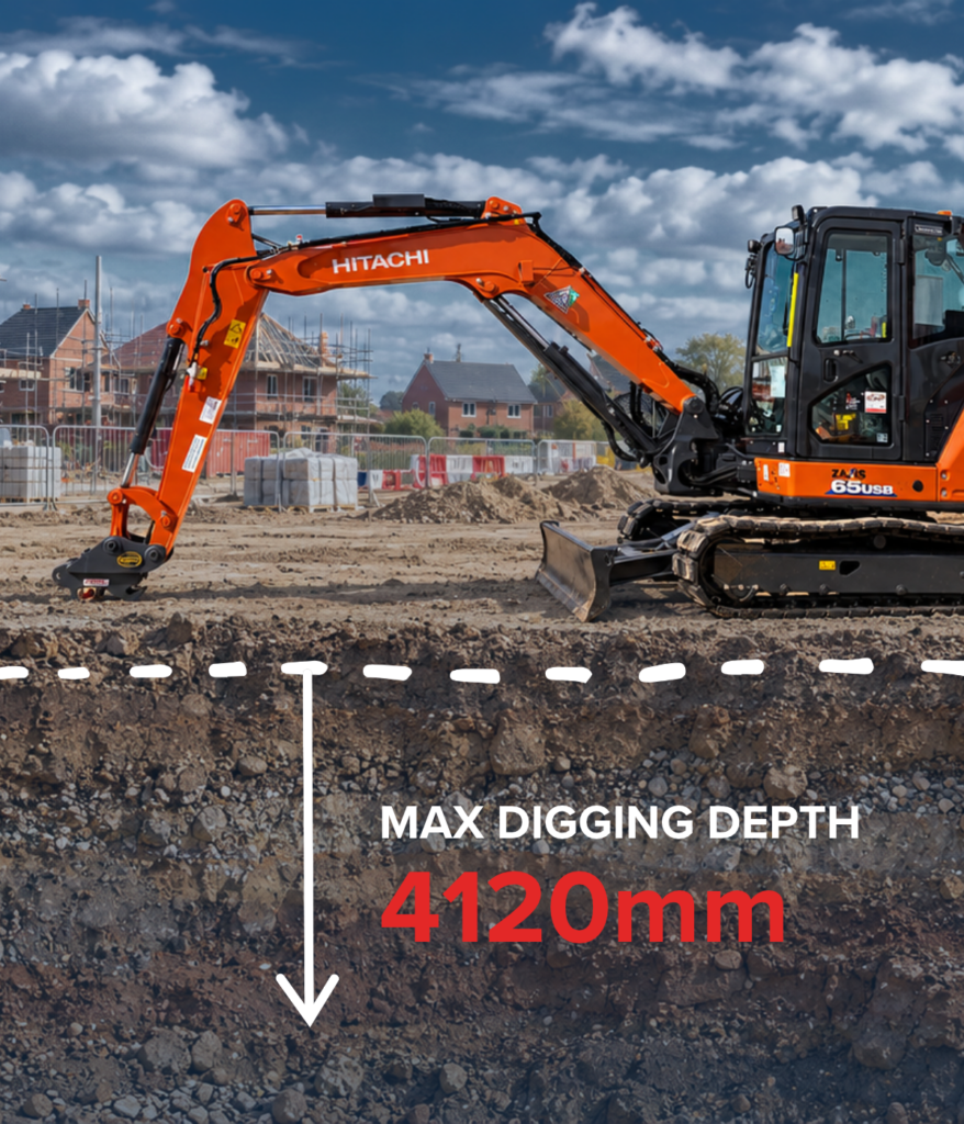 Hitachi ZX65USB-6 excavator on a UK construction site showing a maximum digging depth of 4,120 mm.