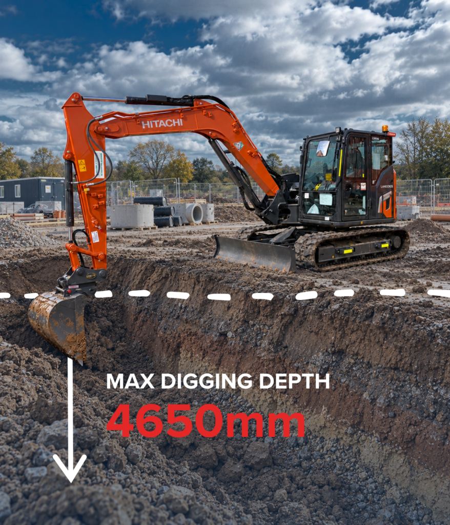 Hitachi ZX95US-7 excavator on a UK construction site showing a maximum digging depth of 4,650 mm