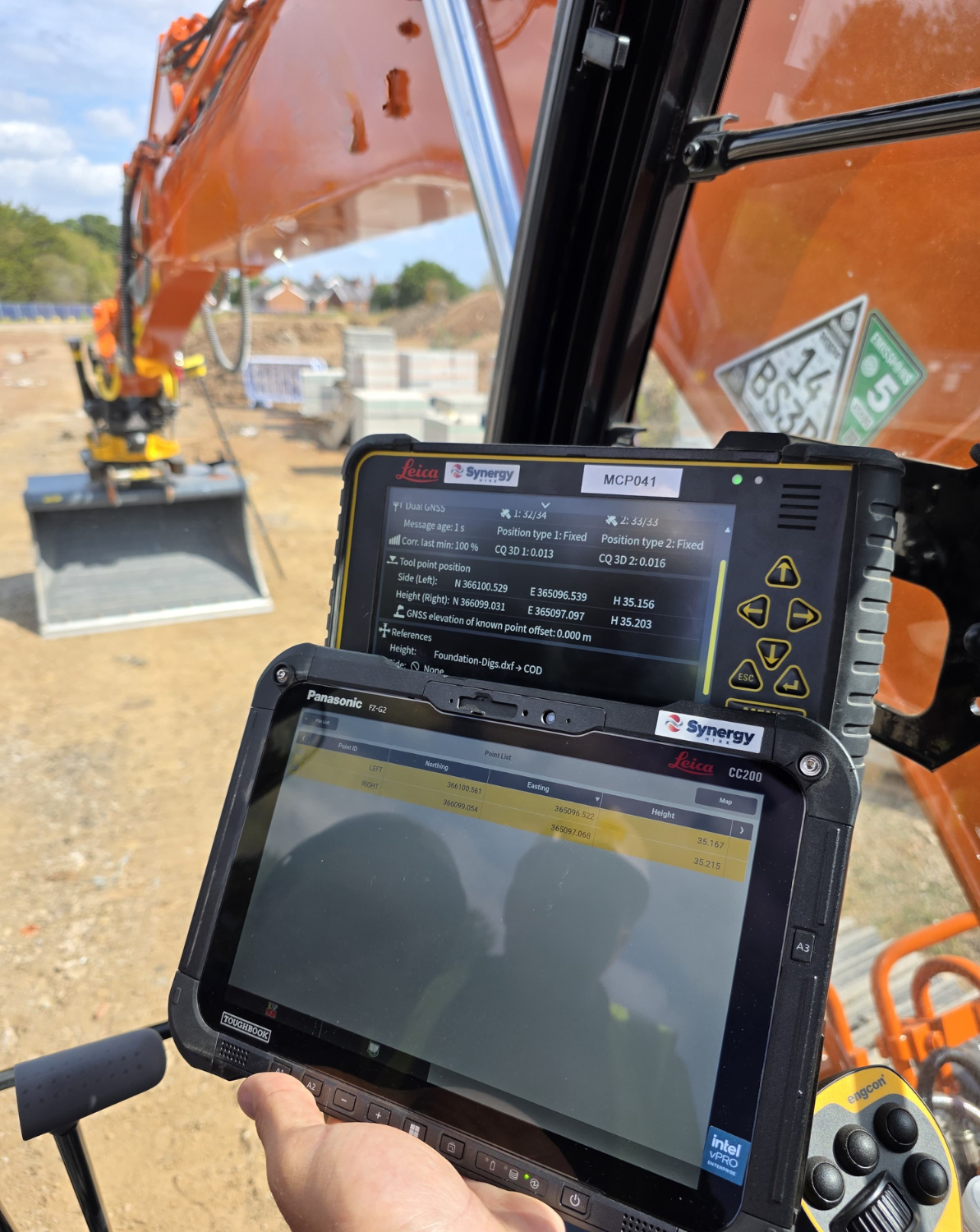 Leica machine control displays inside a Hitachi excavator from the Synergy Hire fleet