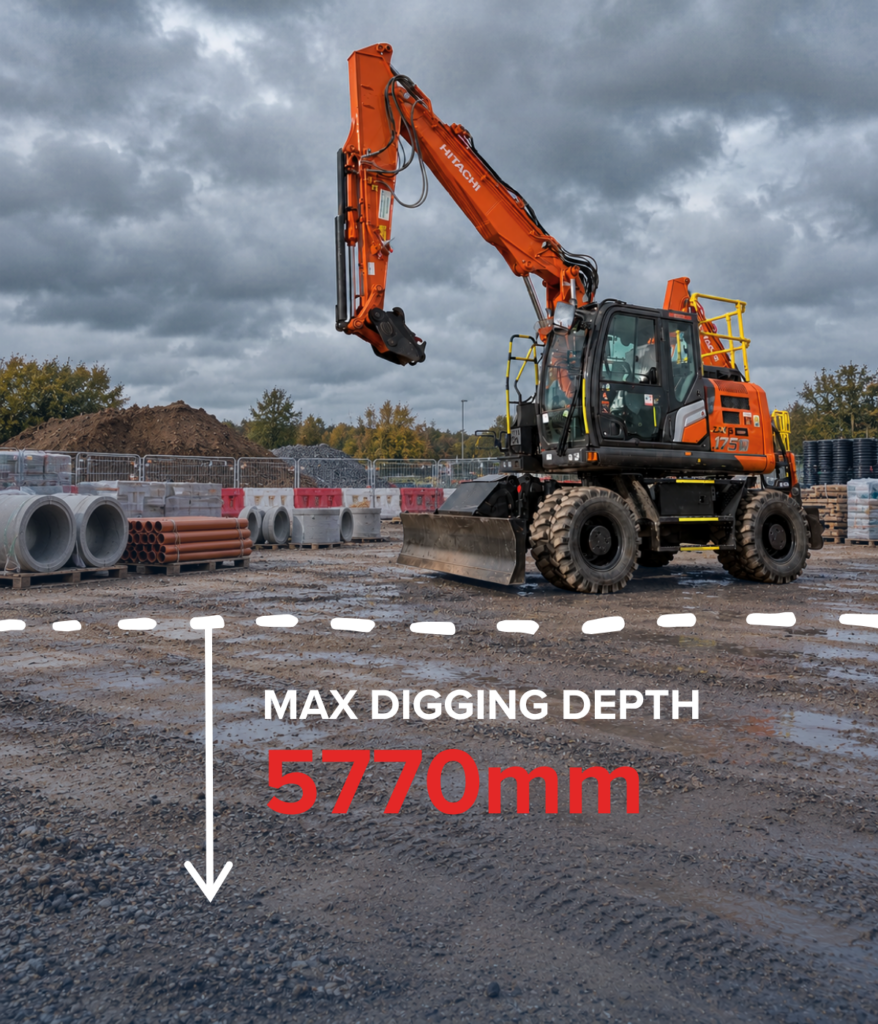Hitachi ZX175W-7 wheeled excavator on a wet UK construction site with a max digging depth graphic showing 5770mm.