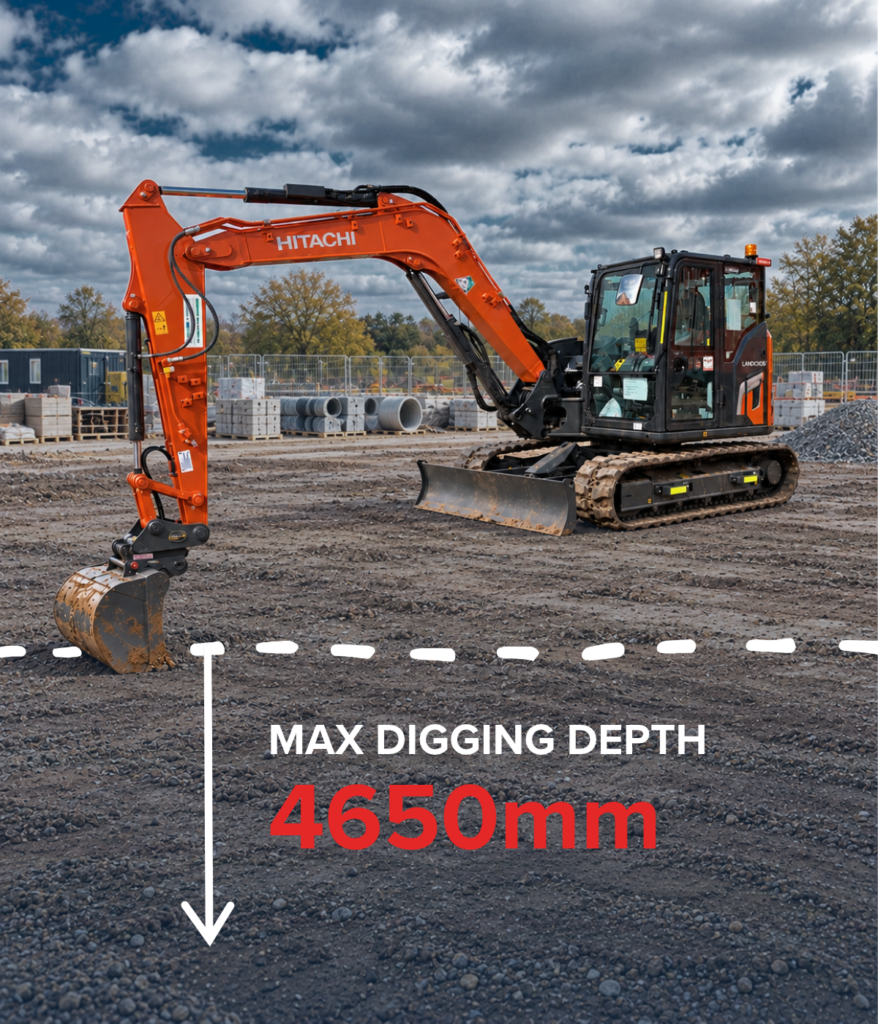 Hitachi ZX95US-7 excavator on a UK construction site showing a maximum digging depth of 4,650 mm.