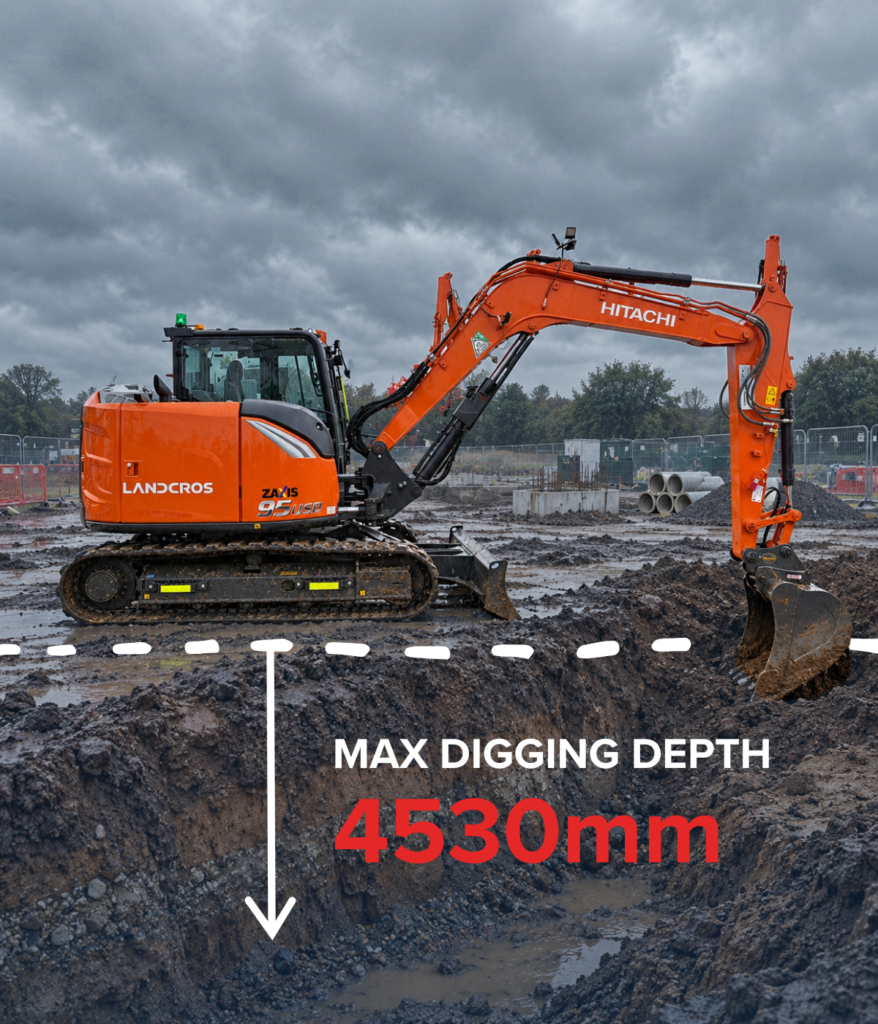 Hitachi ZX95USB-7 excavator showing maximum digging depth of 4530mm