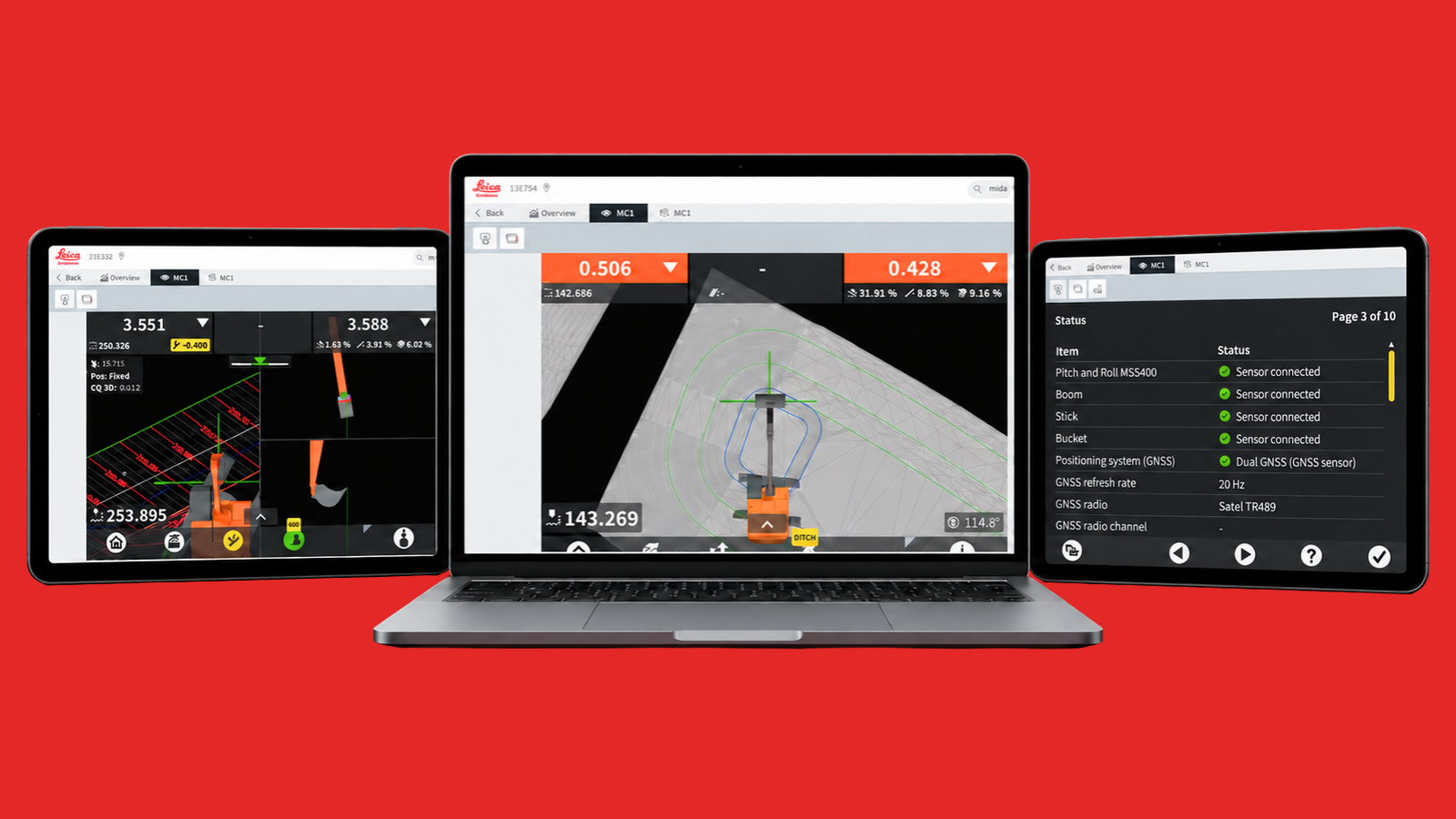 Leica machine control interfaces displayed across a laptop and two tablets